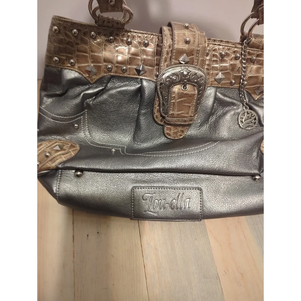 Vtg Y2K Lou-Ella Silver Croc Satchel Bag Studded Buckle Moto Boho slouchy Bling